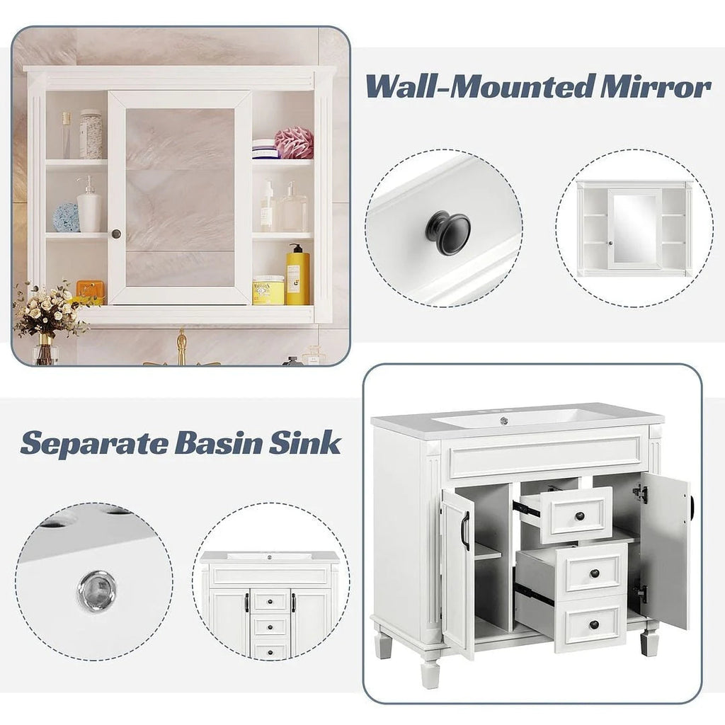 Meuble-lavabo moderne de 36 po avec vasque et armoire à miroir, 2 portes et 2 tiroirs