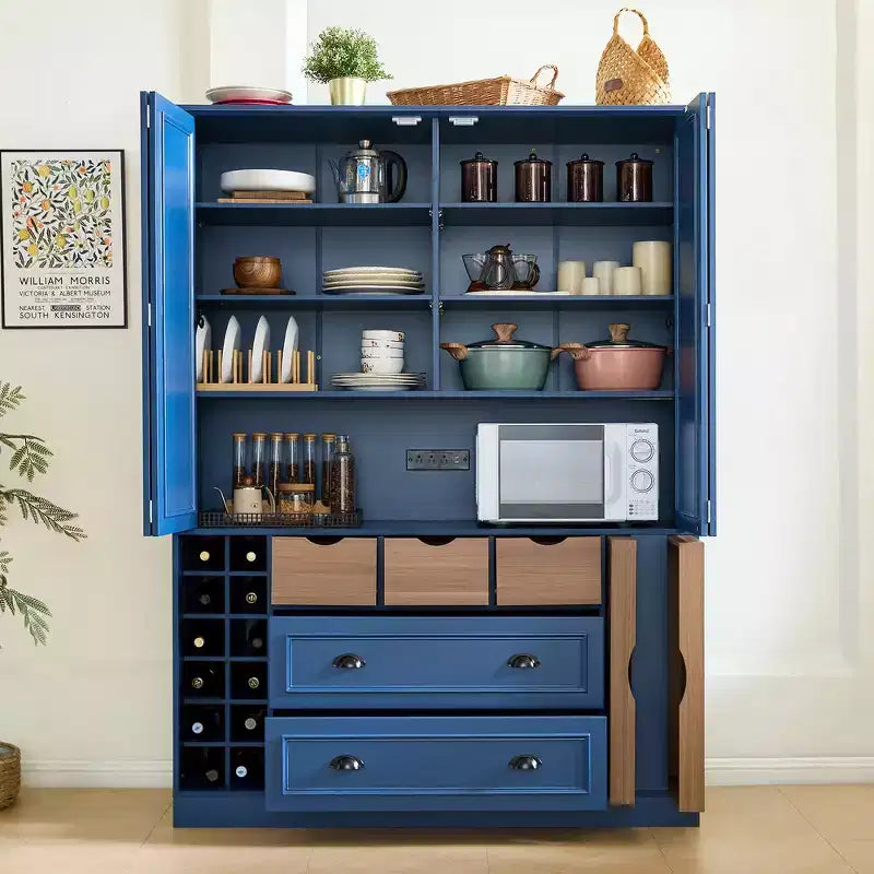 Armoire de cuisine autoportante haute Whisen 71, grand buffet de rangement pour salle à manger avec 4 portes pliantes, étagères et casiers à vin
