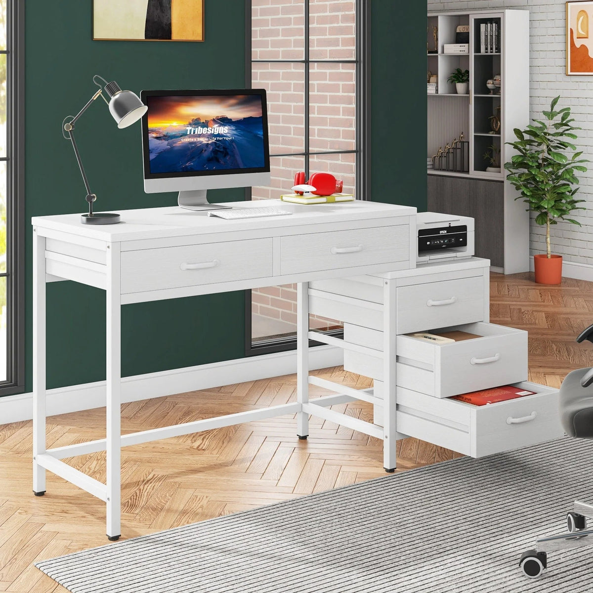 Bureau d'ordinateur réversible avec 5 tiroirs, bureau de travail à domicile avec caisson de rangement pour dossiers et support pour imprimante