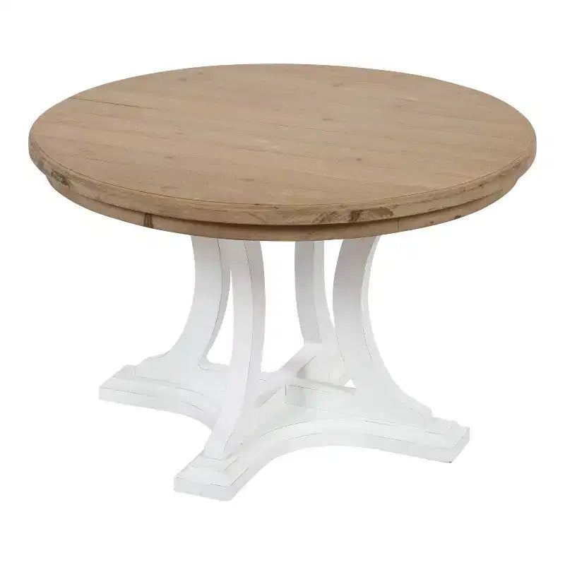 Table basse ronde en bois, marron rustique et blanc, piètement entrecroisé