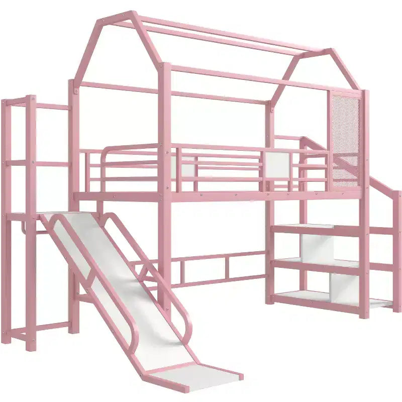 Lit mezzanine cabane avec toboggan et escalier de rangement - Cadre métallique pour enfants et adolescents