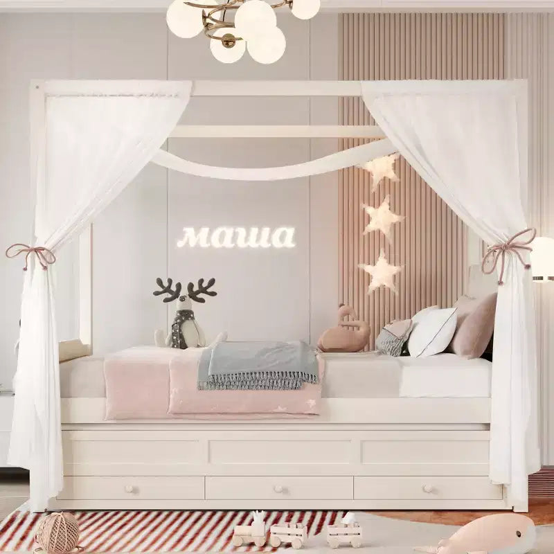 Lit plateforme double/grand format avec lit gigogne, lit à baldaquin en bois de princesse avec 3 tiroirs, lit de rangement avec tête de lit capitonnée pour chambre à coucher