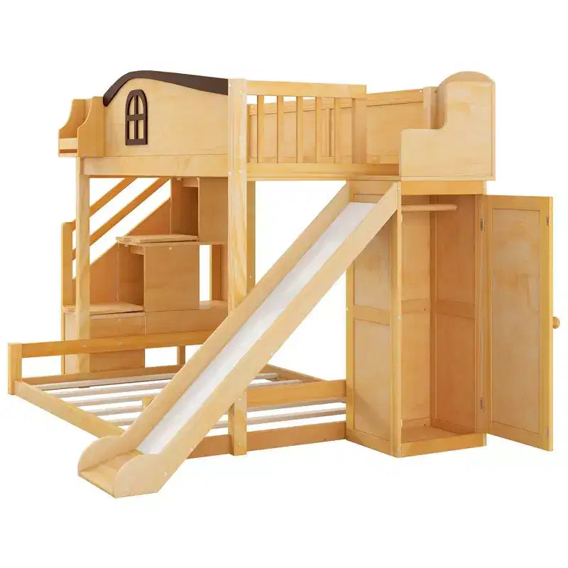 Lit superposé deux places et une place avec toboggan, étagères, escalier de rangement et armoire pour chambre d'enfant