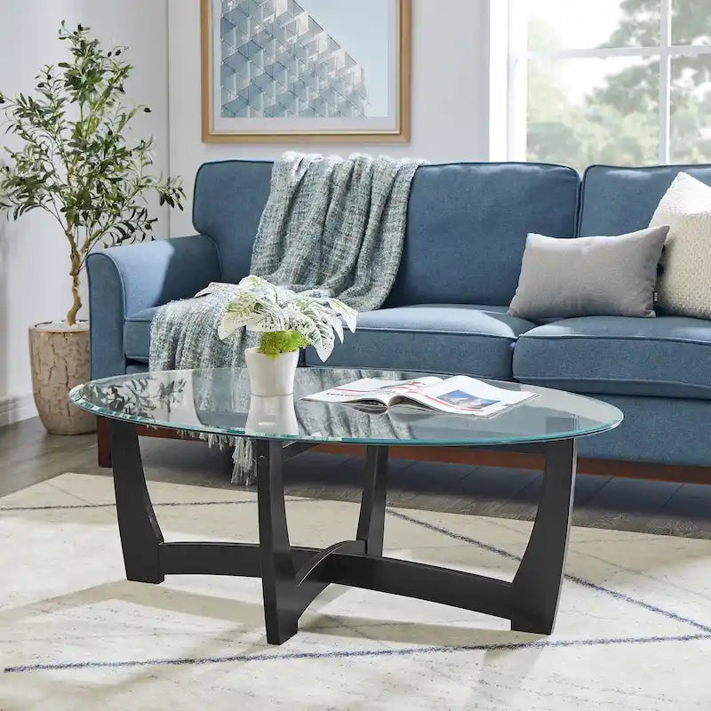 Table basse ovale en verre de 48 pouces avec base en bois massif
