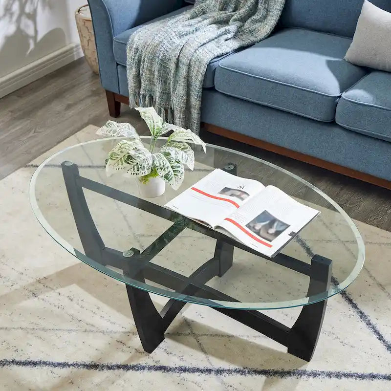 Table basse ovale en verre de 48 pouces avec base en bois massif
