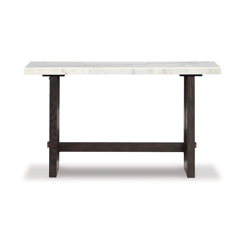 Table console pour canapé, plateau en marbre, pieds panneaux, bois marron 52 pouces