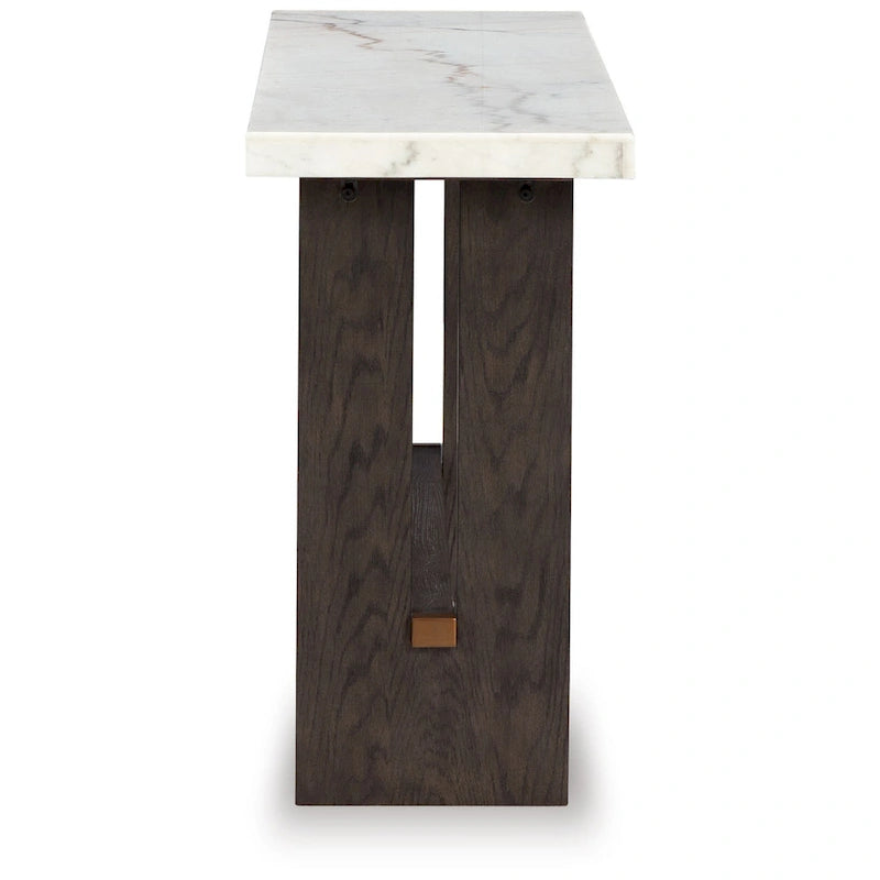 Table console pour canapé, plateau en marbre, pieds panneaux, bois marron 52 pouces