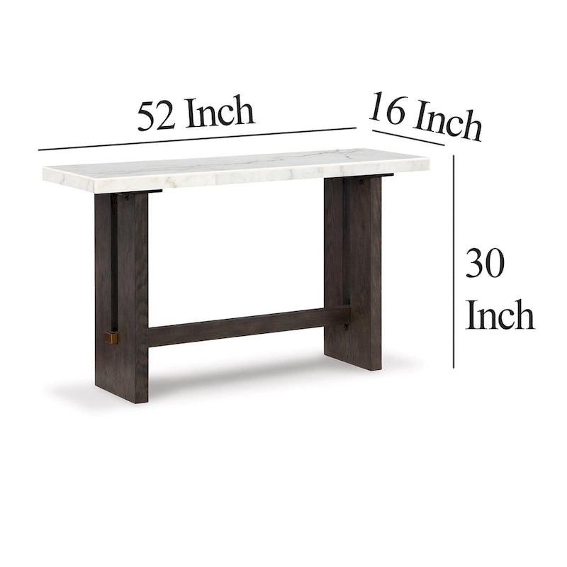 Table console pour canapé, plateau en marbre, pieds panneaux, bois marron 52 pouces