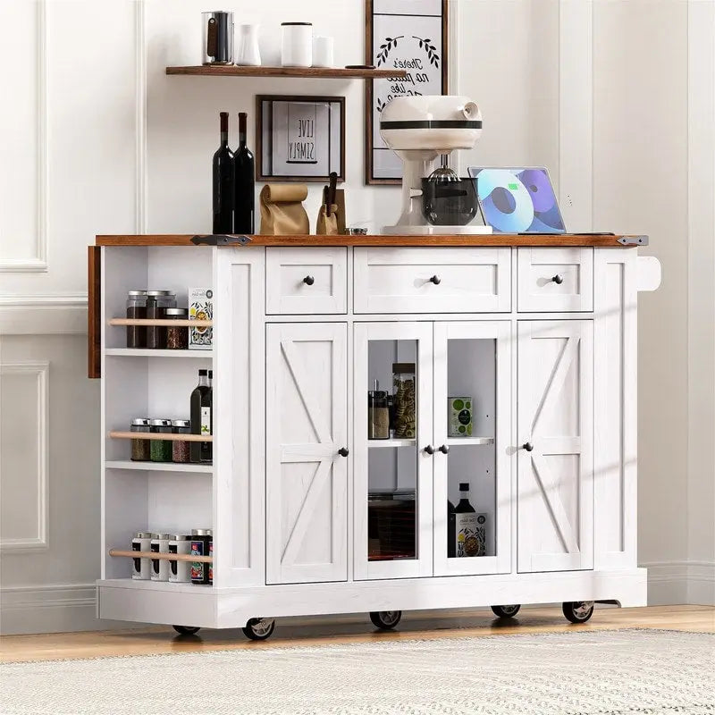 Îlot de cuisine avec abattant, 3 tiroirs et 5 étagères latérales ouvertes, chariot roulant avec 2 portes en verre trempé et prise de courant