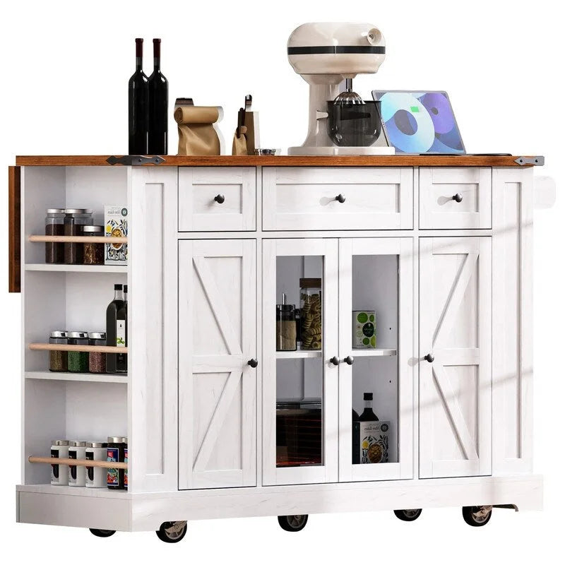 Îlot de cuisine avec abattant, 3 tiroirs et 5 étagères latérales ouvertes, chariot roulant avec 2 portes en verre trempé et prise de courant