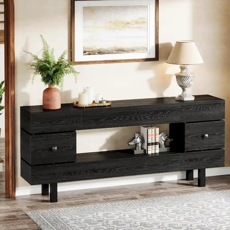 Console de 180 cm avec tiroirs de rangement, Table d'entrée à 2 niveaux avec étagère de présentation