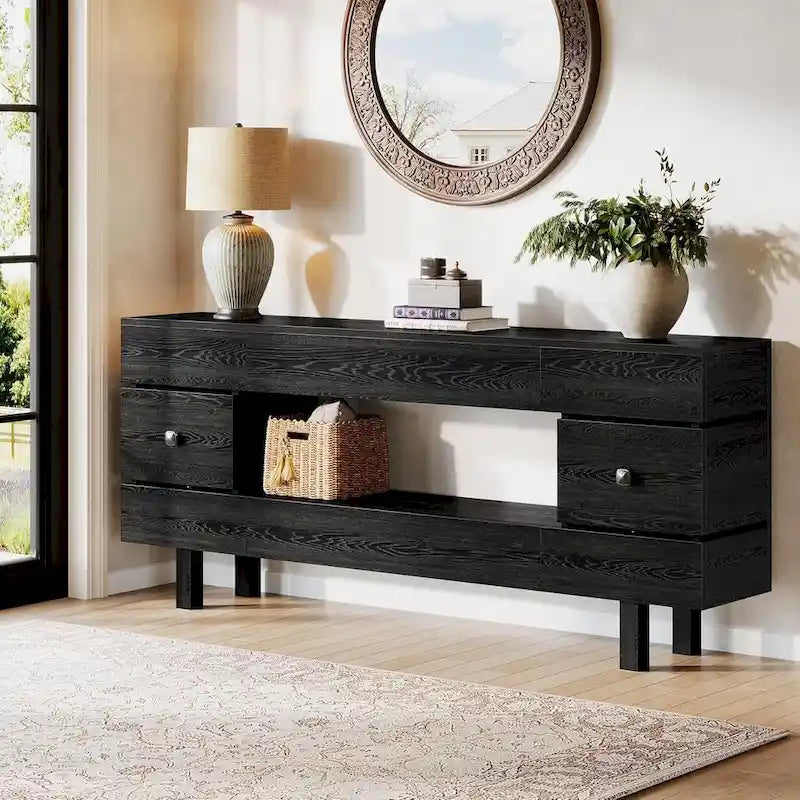 Console de 180 cm avec tiroirs de rangement, Table d'entrée à 2 niveaux avec étagère de présentation