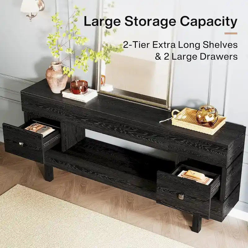 Console de 180 cm avec tiroirs de rangement, Table d'entrée à 2 niveaux avec étagère de présentation
