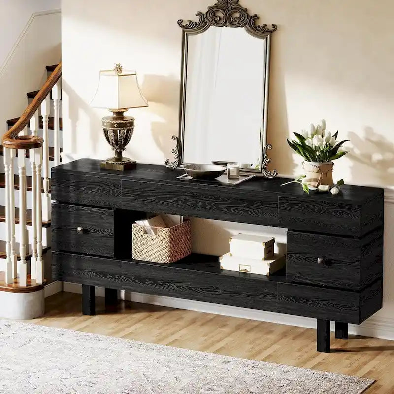 Console de 180 cm avec tiroirs de rangement, Table d'entrée à 2 niveaux avec étagère de présentation