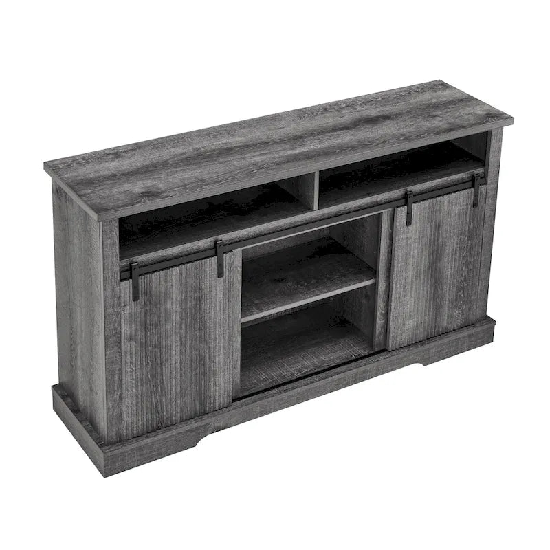 Meuble TV rustique avec porte coulissante de style grange, étagères de rangement supérieures et inférieures et étagères réglables pour salon