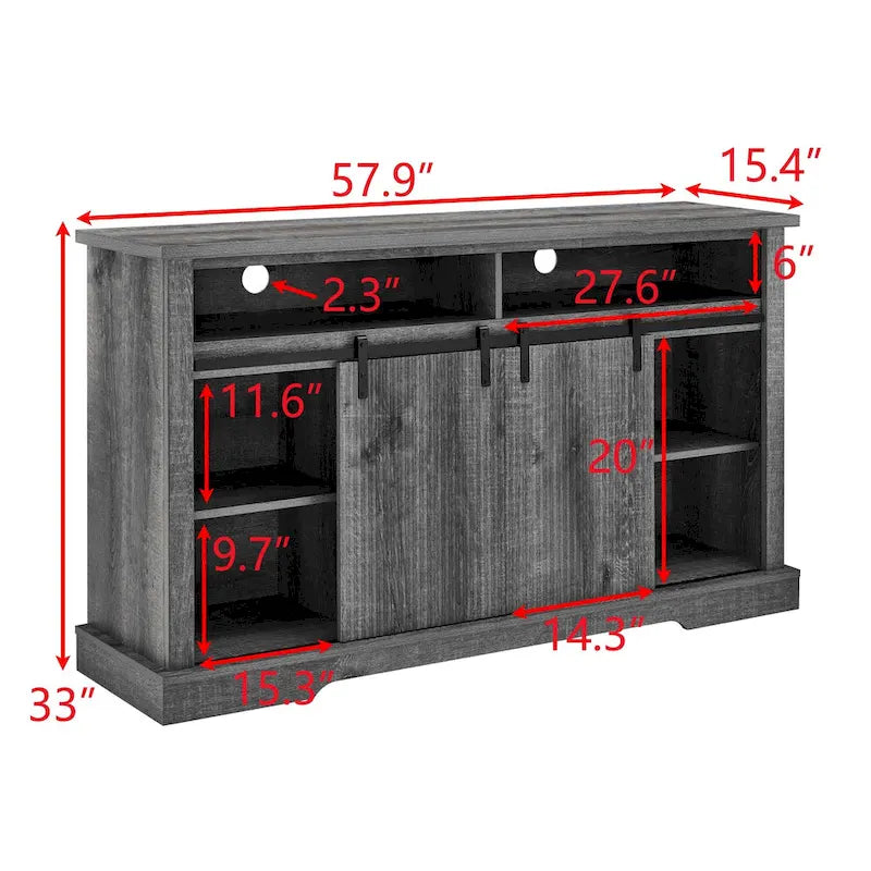 Meuble TV rustique avec porte coulissante de style grange, étagères de rangement supérieures et inférieures et étagères réglables pour salon