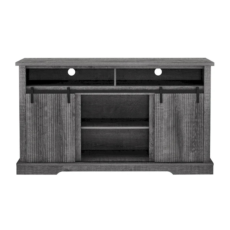 Meuble TV rustique avec porte coulissante de style grange, étagères de rangement supérieures et inférieures et étagères réglables pour salon