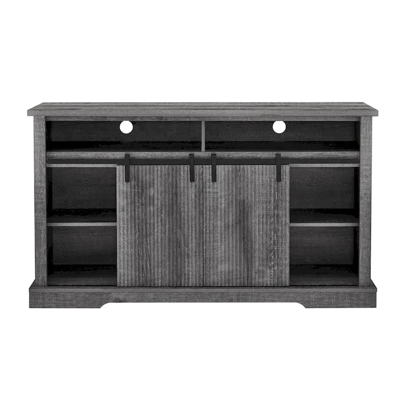 Meuble TV rustique avec porte coulissante de style grange, étagères de rangement supérieures et inférieures et étagères réglables pour salon