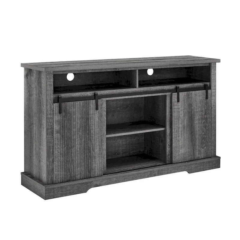 Meuble TV rustique avec porte coulissante de style grange, étagères de rangement supérieures et inférieures et étagères réglables pour salon