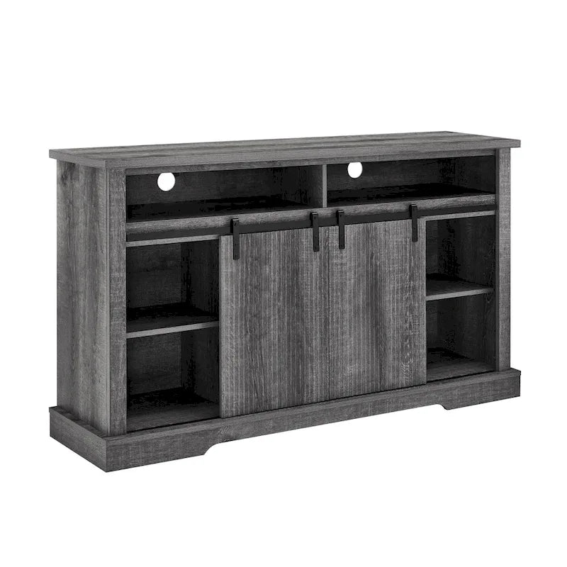 Meuble TV rustique avec porte coulissante de style grange, étagères de rangement supérieures et inférieures et étagères réglables pour salon