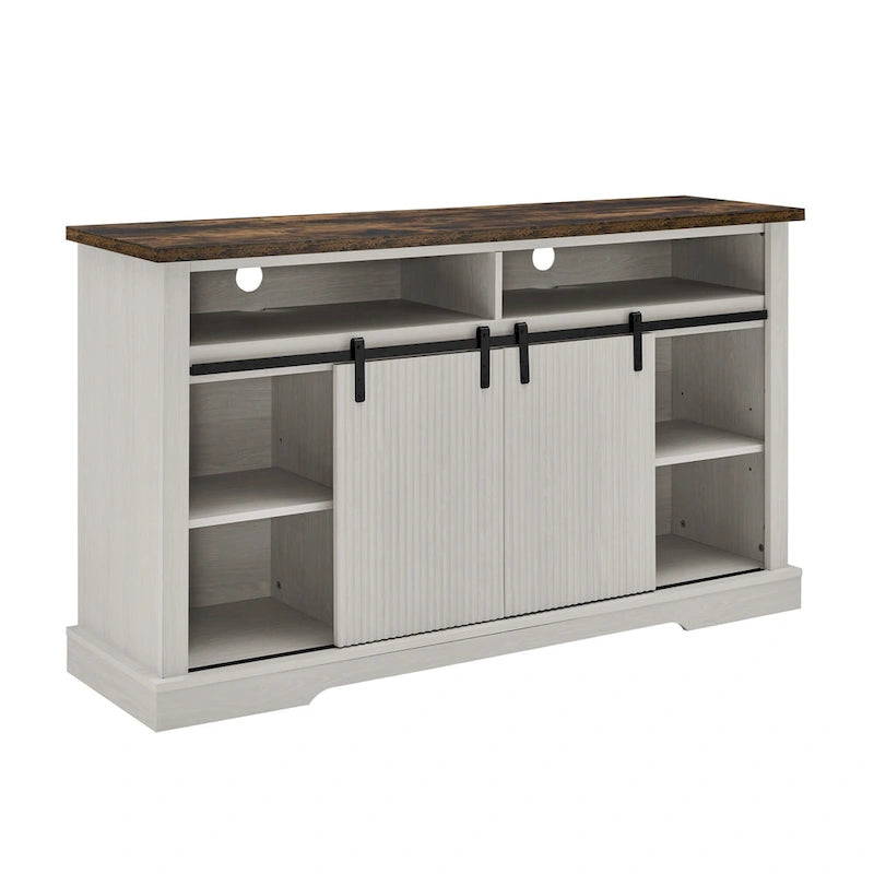 Meuble TV rustique avec porte coulissante de style grange, étagères de rangement supérieures et inférieures et étagères réglables pour salon
