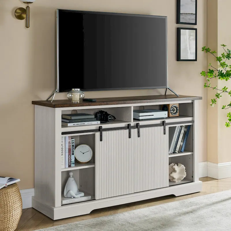 Meuble TV rustique avec porte coulissante de style grange, étagères de rangement supérieures et inférieures et étagères réglables pour salon