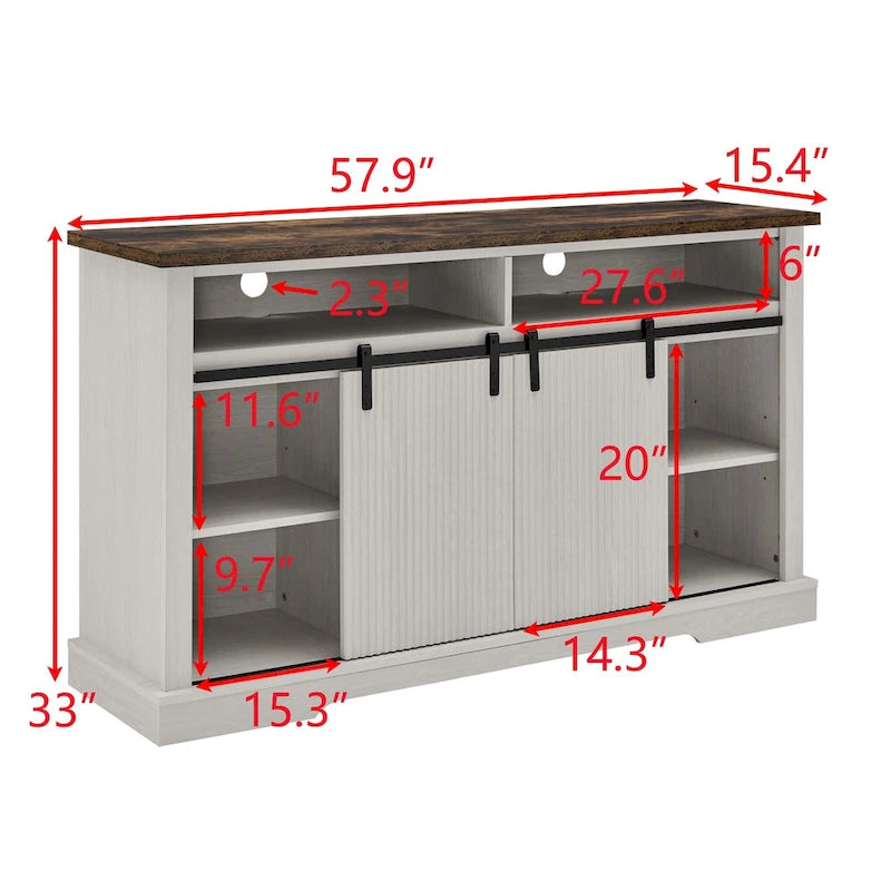 Meuble TV rustique avec porte coulissante de style grange, étagères de rangement supérieures et inférieures et étagères réglables pour salon