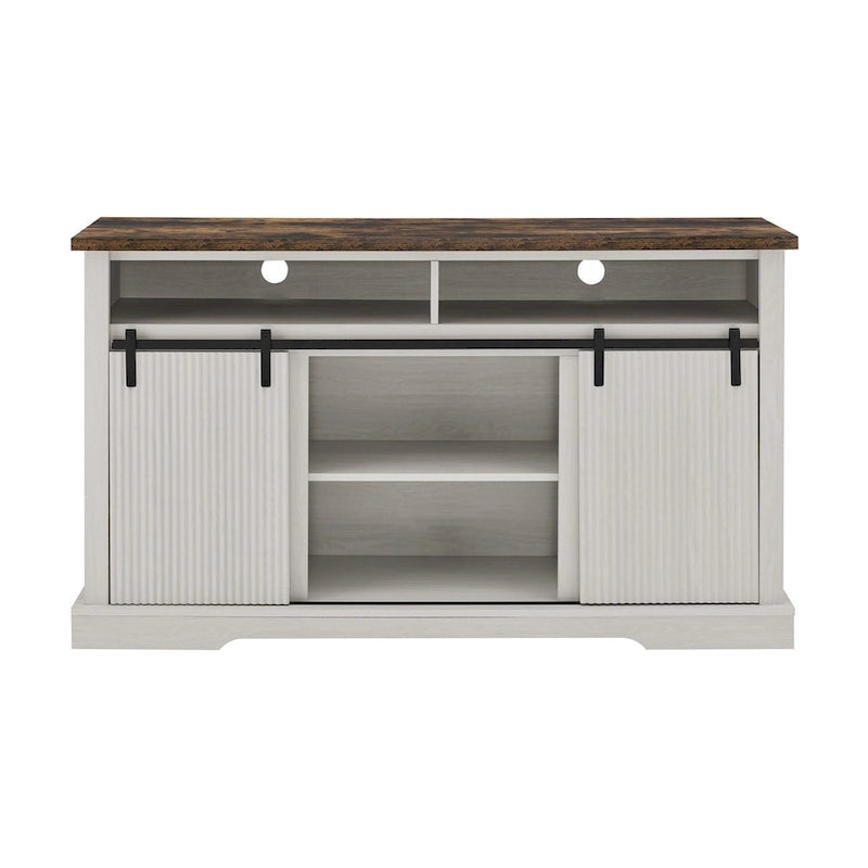 Meuble TV rustique avec porte coulissante de style grange, étagères de rangement supérieures et inférieures et étagères réglables pour salon