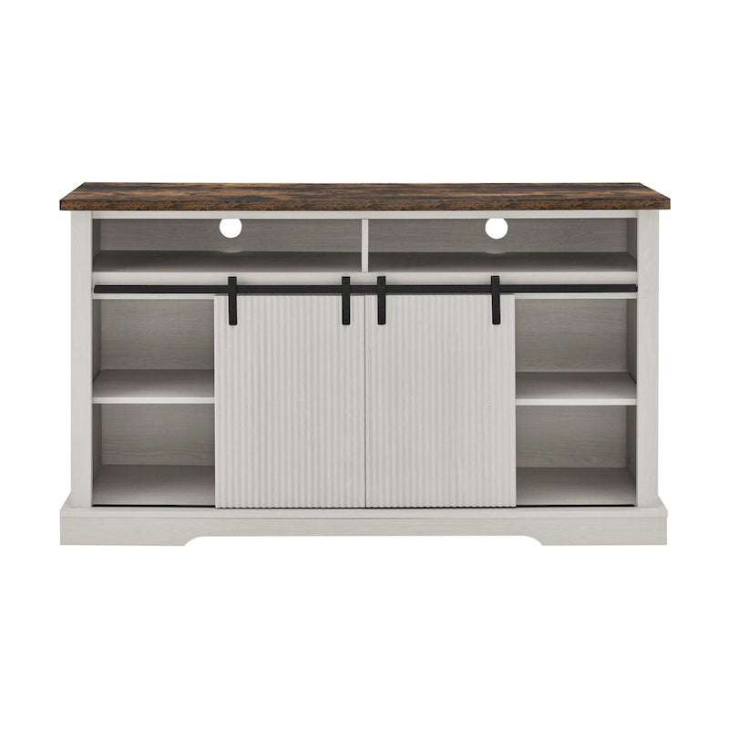 Meuble TV rustique avec porte coulissante de style grange, étagères de rangement supérieures et inférieures et étagères réglables pour salon