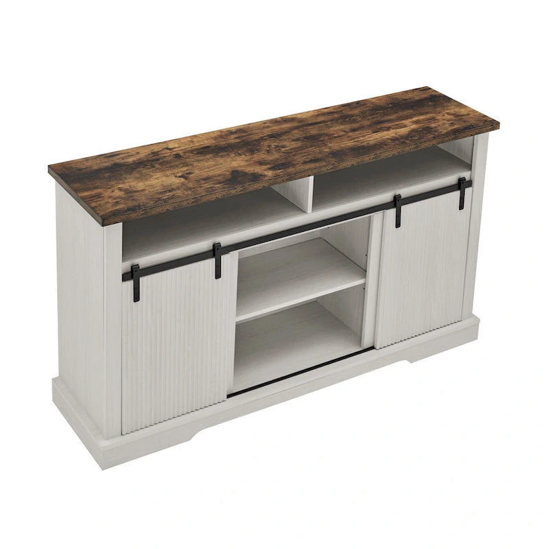 Meuble TV rustique avec porte coulissante de style grange, étagères de rangement supérieures et inférieures et étagères réglables pour salon