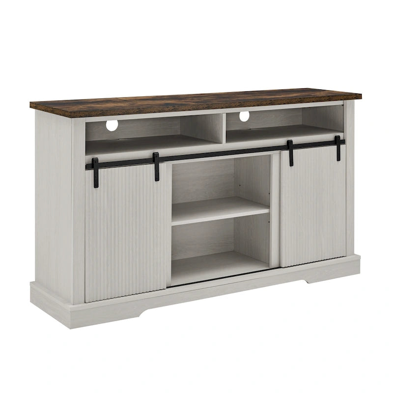 Meuble TV rustique avec porte coulissante de style grange, étagères de rangement supérieures et inférieures et étagères réglables pour salon