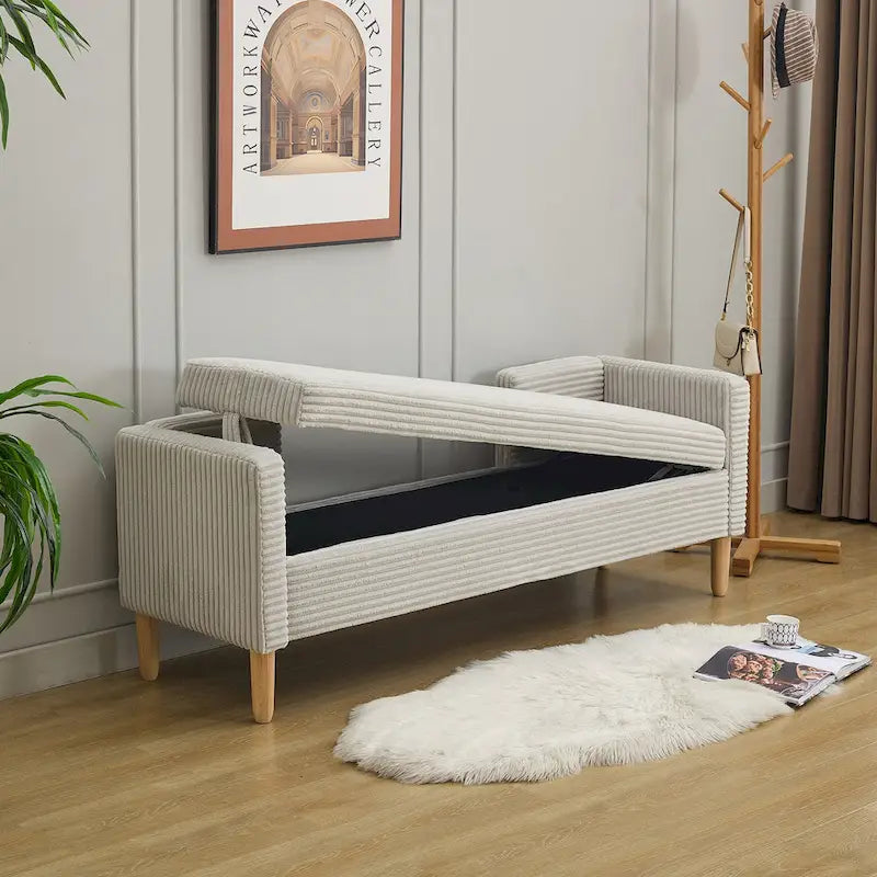 Banc de rangement en velours côtelé avec accoudoirs, dossier et deux oreillers