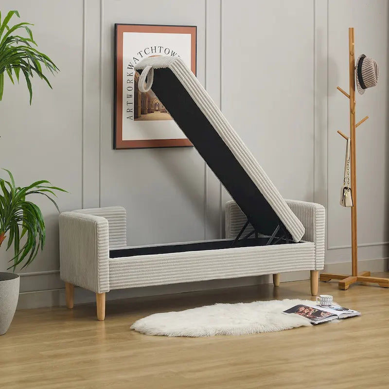 Banc de rangement en velours côtelé avec accoudoirs, dossier et deux oreillers
