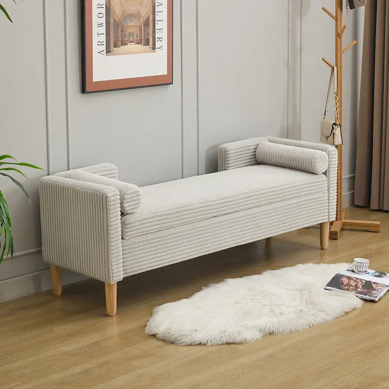 Banc de rangement en velours côtelé avec accoudoirs, dossier et deux oreillers