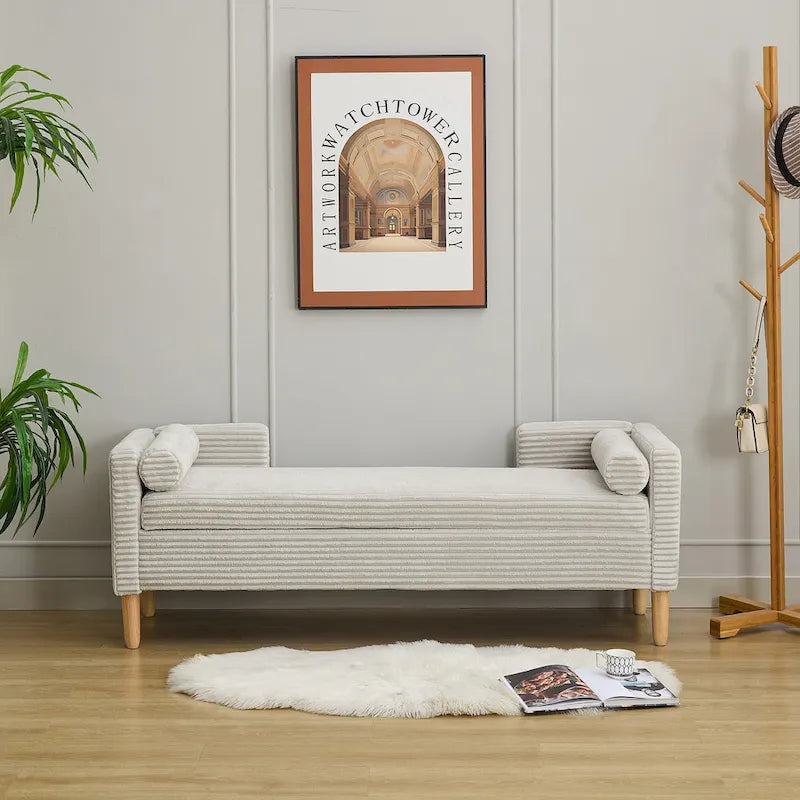 Banc de rangement en velours côtelé avec accoudoirs, dossier et deux oreillers