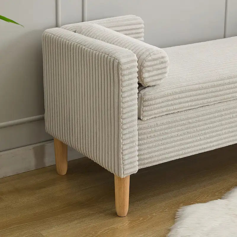 Banc de rangement en velours côtelé avec accoudoirs, dossier et deux oreillers