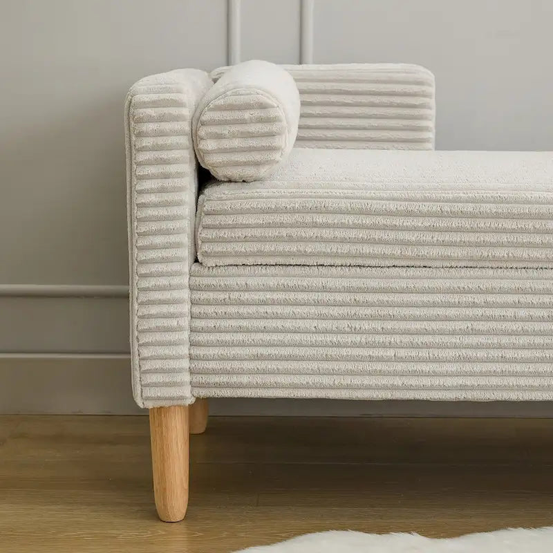 Banc de rangement en velours côtelé avec accoudoirs, dossier et deux oreillers