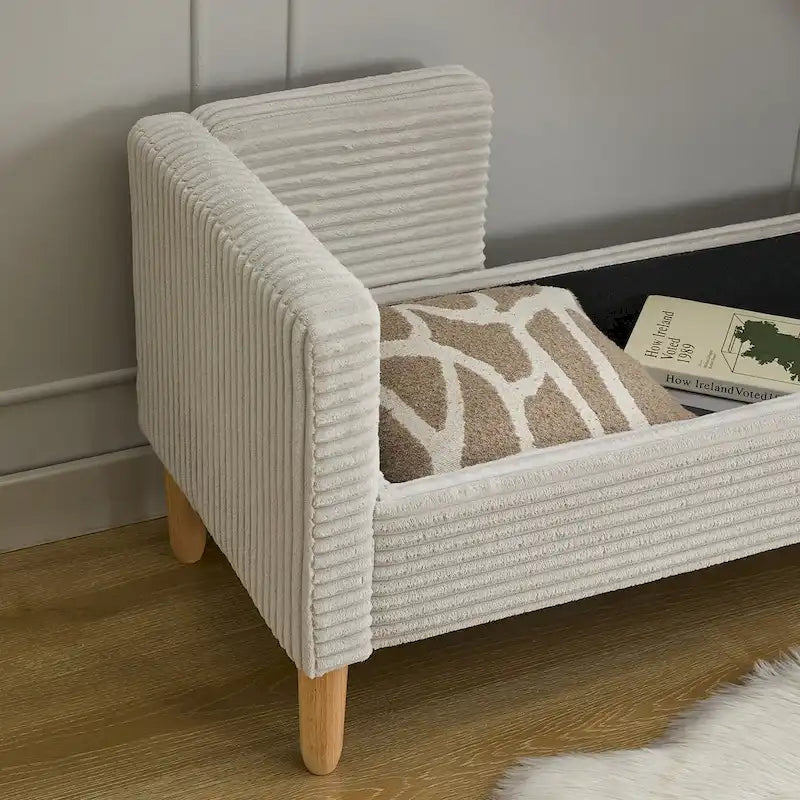 Banc de rangement en velours côtelé avec accoudoirs, dossier et deux oreillers