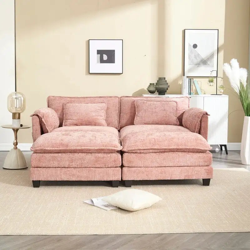 Canapé en chenille avec 2 poufs