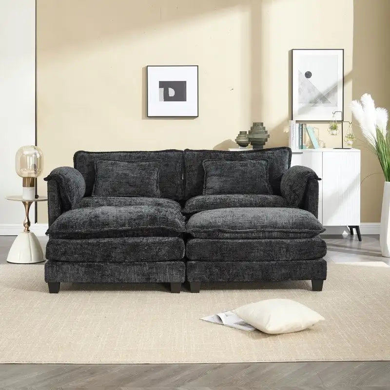 Canapé en chenille avec 2 poufs