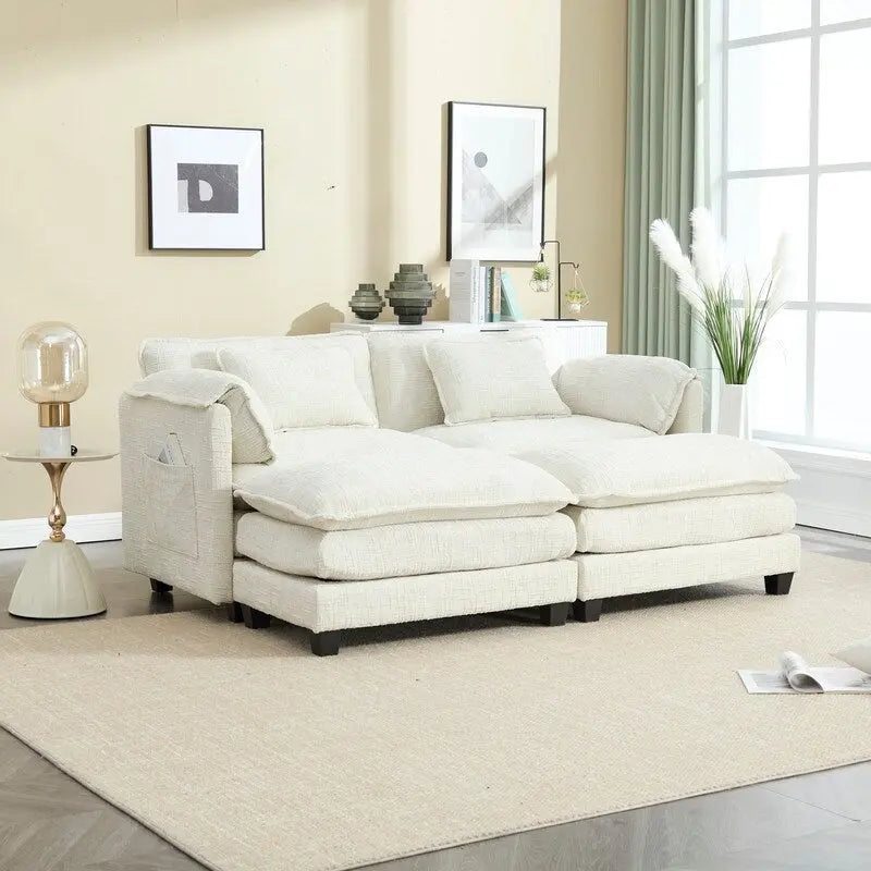 Canapé en chenille avec 2 poufs