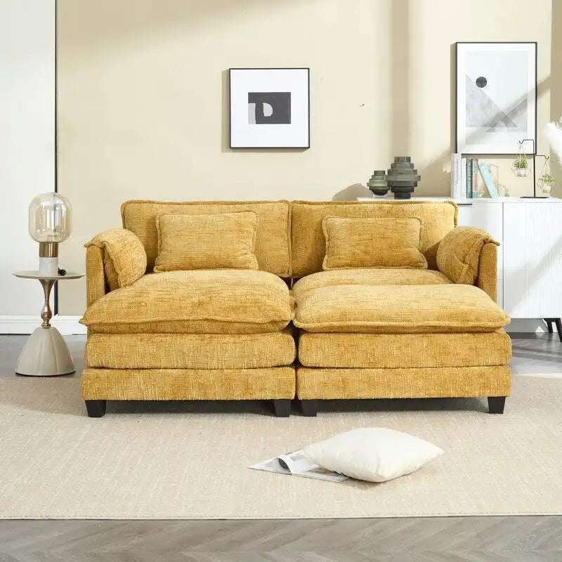 Canapé en chenille avec 2 poufs