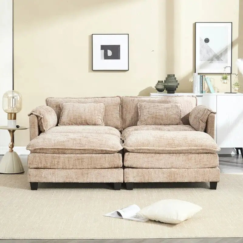Canapé en chenille avec 2 poufs
