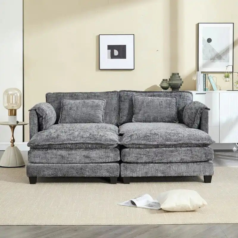 Canapé en chenille avec 2 poufs