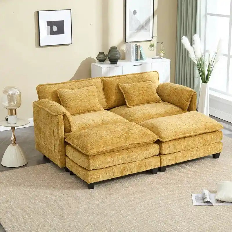 Canapé en chenille avec 2 poufs