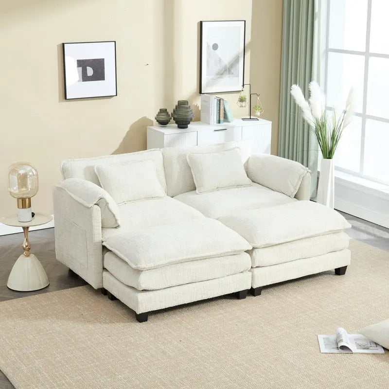 Canapé en chenille avec 2 poufs