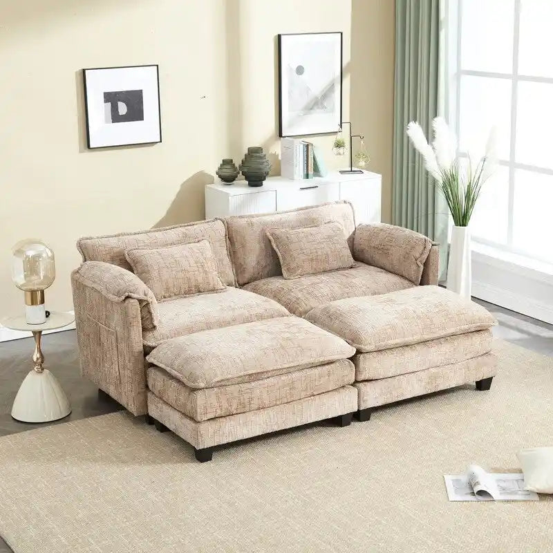 Canapé en chenille avec 2 poufs