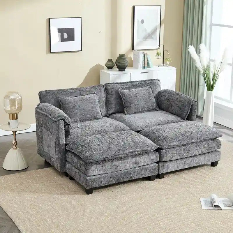 Canapé en chenille avec 2 poufs