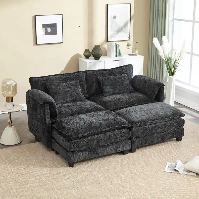 Canapé en chenille avec 2 poufs
