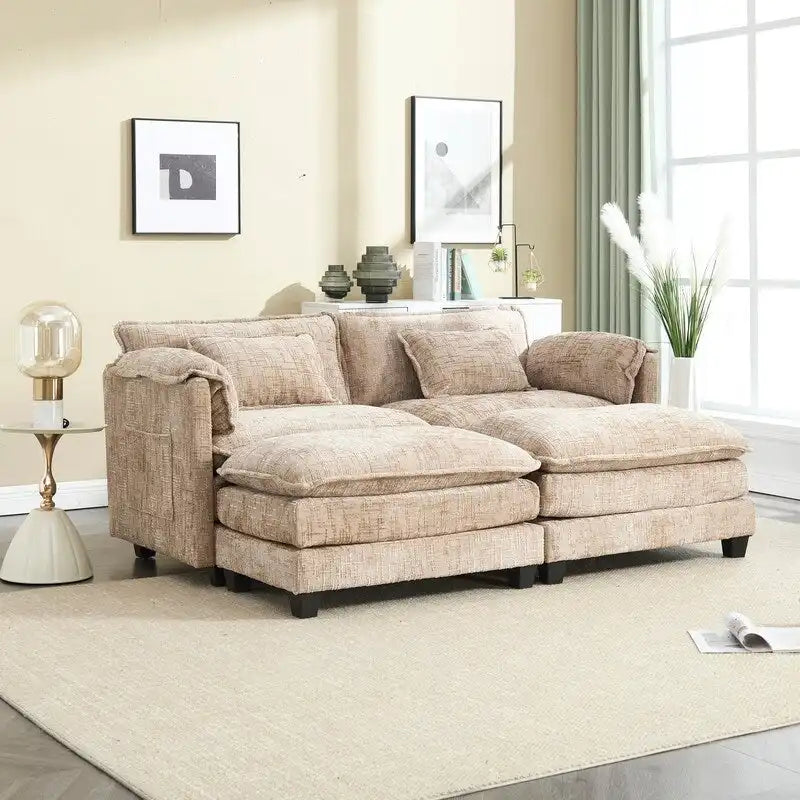 Canapé en chenille avec 2 poufs